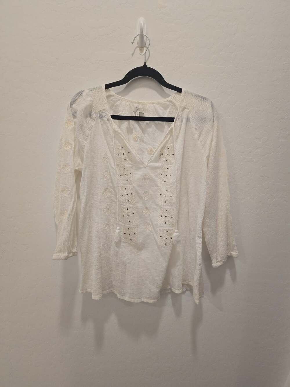 Joie Peasant Blouse Size S White Embroidered Studded Tassel